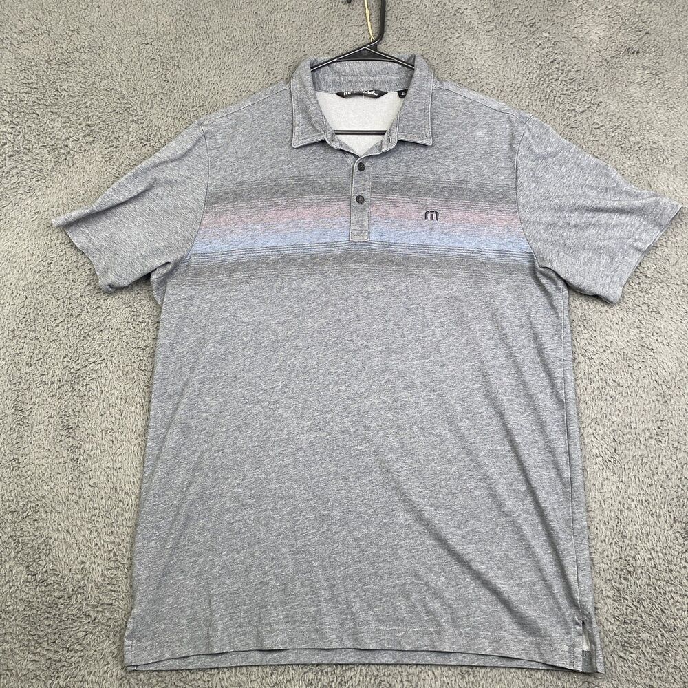 Travis Mathew Polo Shirt Mens XL Gray Pink Blue Stripe Golf Performance Casual
